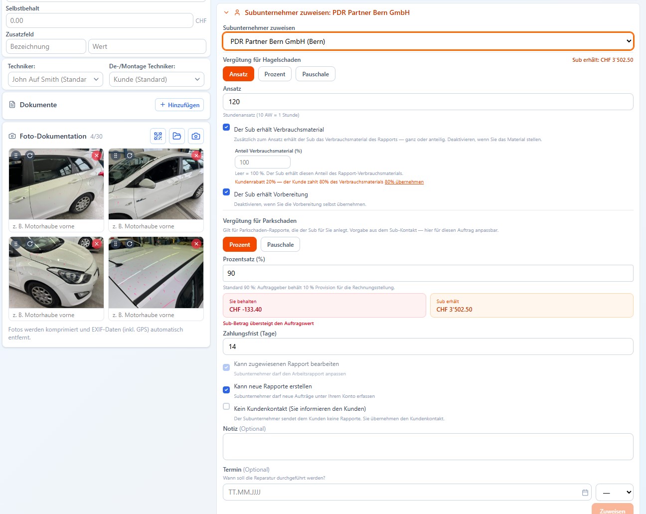 PDR Kalk – Subunternehmer zuweisen mit Live-Aufteilung der Vergütung