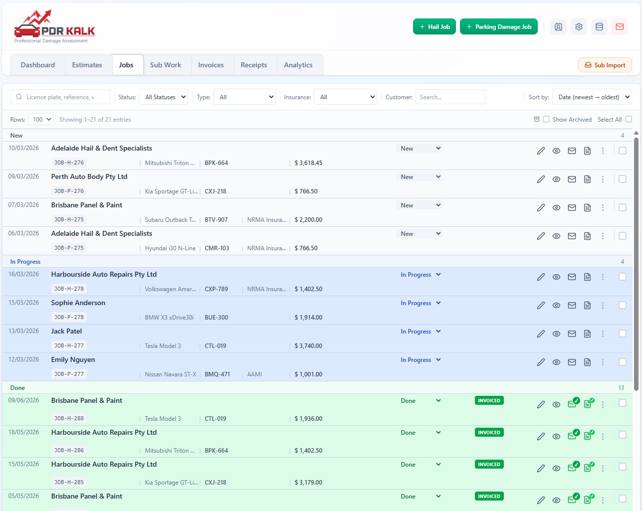 Jobs list — filter by status, type & insurer
