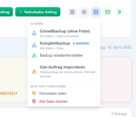 PDR Kalk – Backup-Einstellungen mit Vollbackup und Sub-Import
