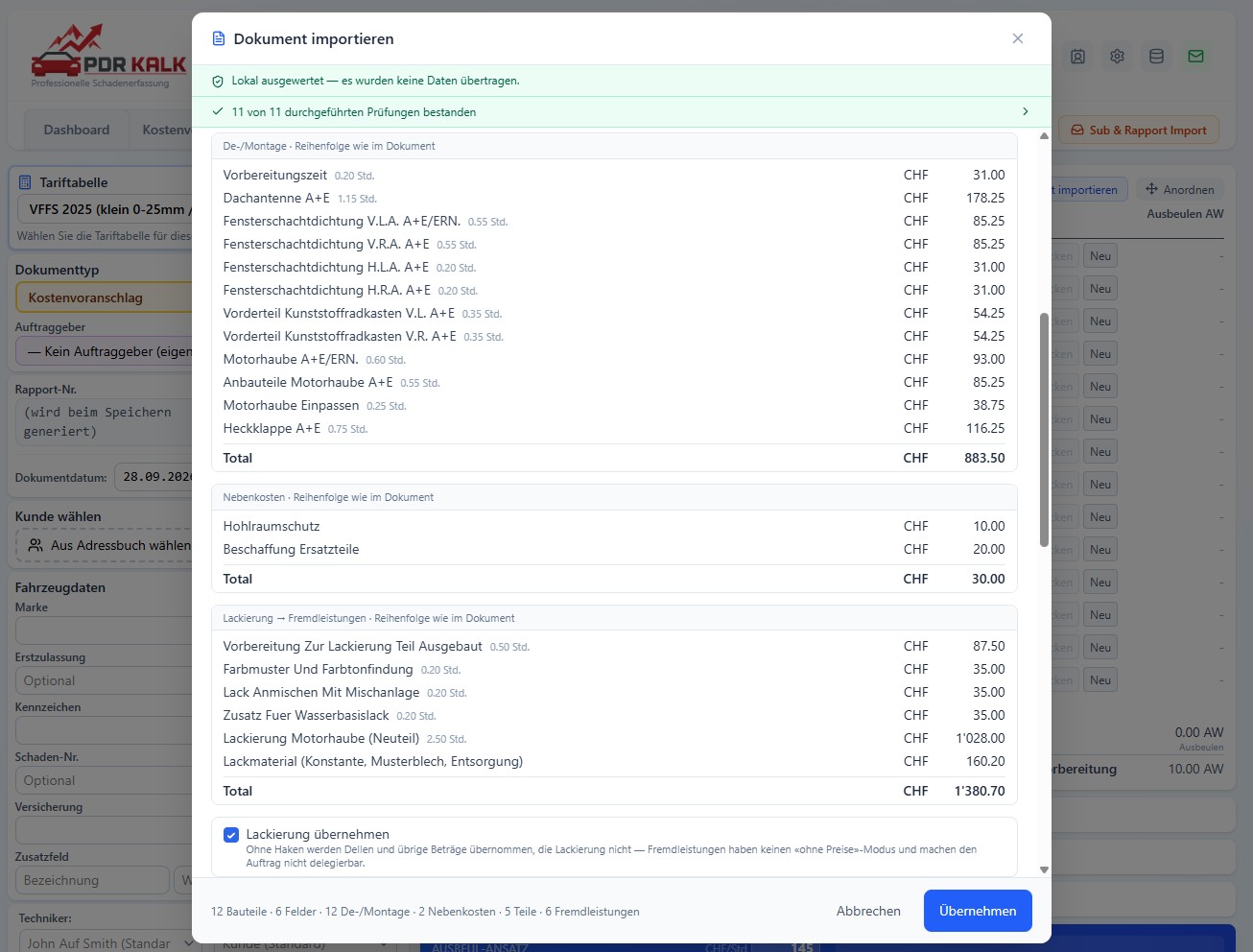 Dokumentimport — Kontrollansicht mit Summenprüfung