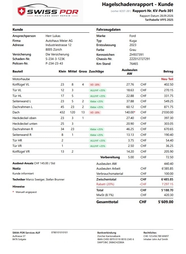 PDR Kalk – Hagelrapport als PDF mit eigenem Logo